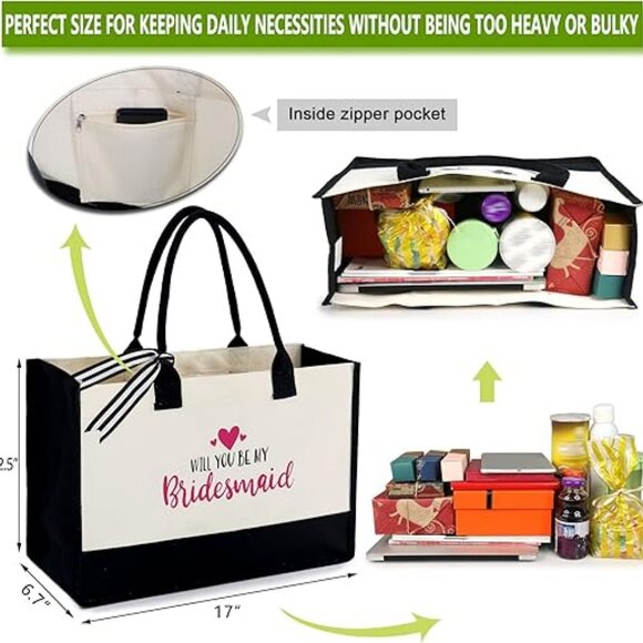 Monogram Initial Canvas Bag with Inner Zipper Pocket Embroidery Personalized Bag - Picture 5 of 6